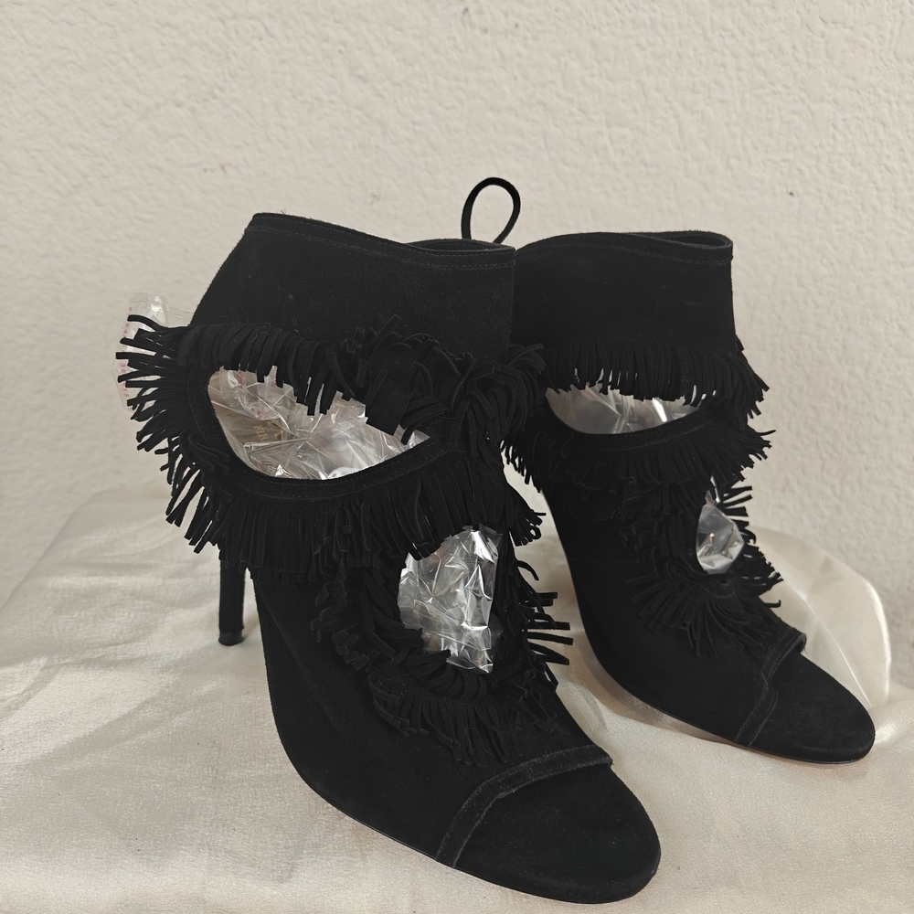 Aquazzura Sexy Fringe 105 Black Suede Cutout Sandal Heels 37.5/7.5 Women's - Picture 7 of 15